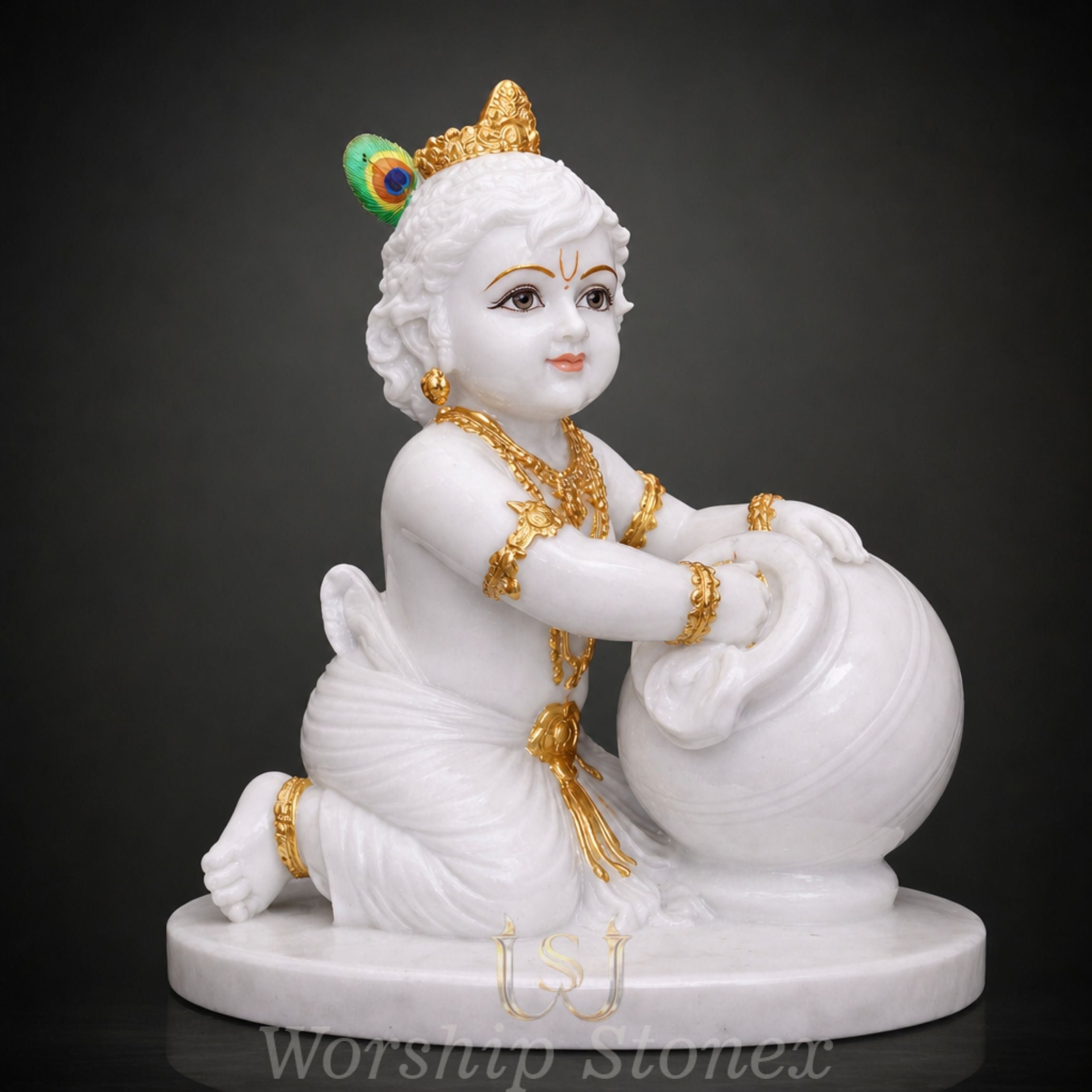 18 Inch Marble Makhan Chor Krishna Idol – Handcrafted White Marble Murti