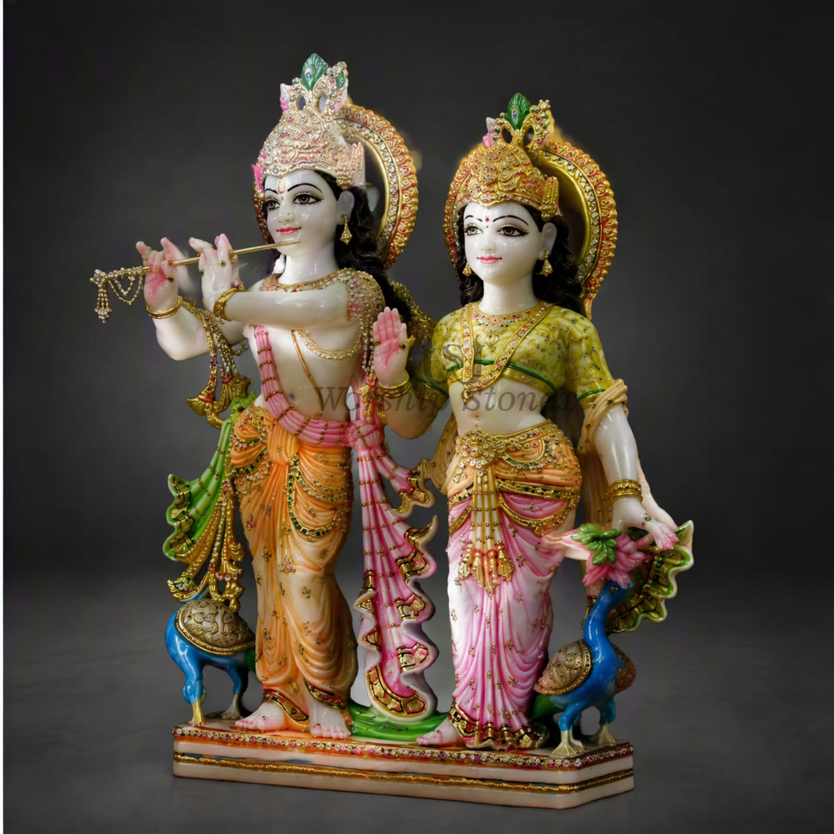 12 inch to 36 inch Pure White Vietnam Marble Radha Krishna Statue – Standing Divine Yugal Jodi Idol with Gold & Multicolor Painting