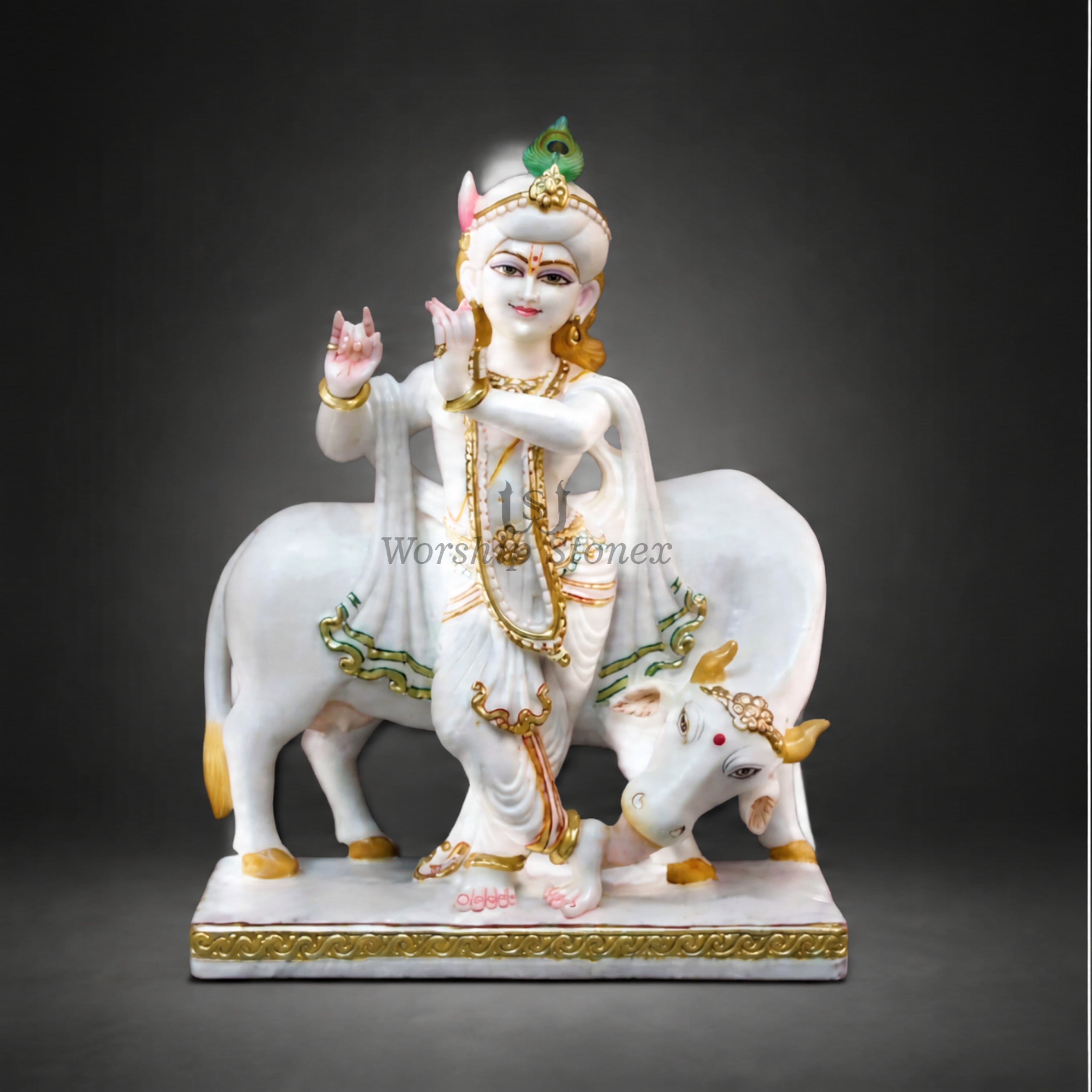 12 inch to 36 inch Makrana White Marble Lord Krishna with Cow Statue – Standing Flute Krishna Idol with Gold Work