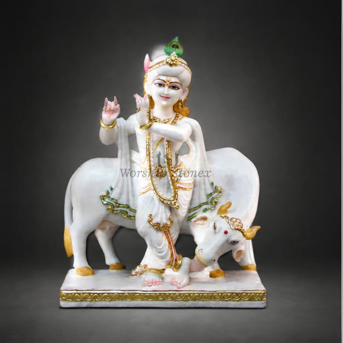 12 inch to 36 inch Makrana White Marble Lord Krishna with Cow Statue – Standing Flute Krishna Idol with Gold Work