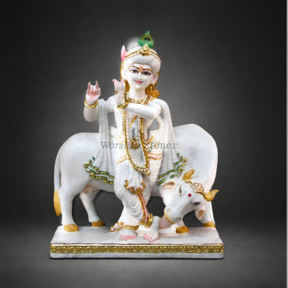 12 inch to 36 inch Makrana White Marble Lord Krishna with Cow Statue – Standing Flute Krishna Idol with Gold Work