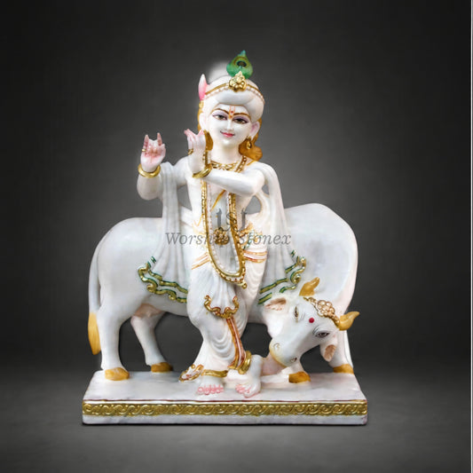 12 inch to 36 inch Makrana White Marble Lord Krishna with Cow Statue – Standing Flute Krishna Idol with Gold Work