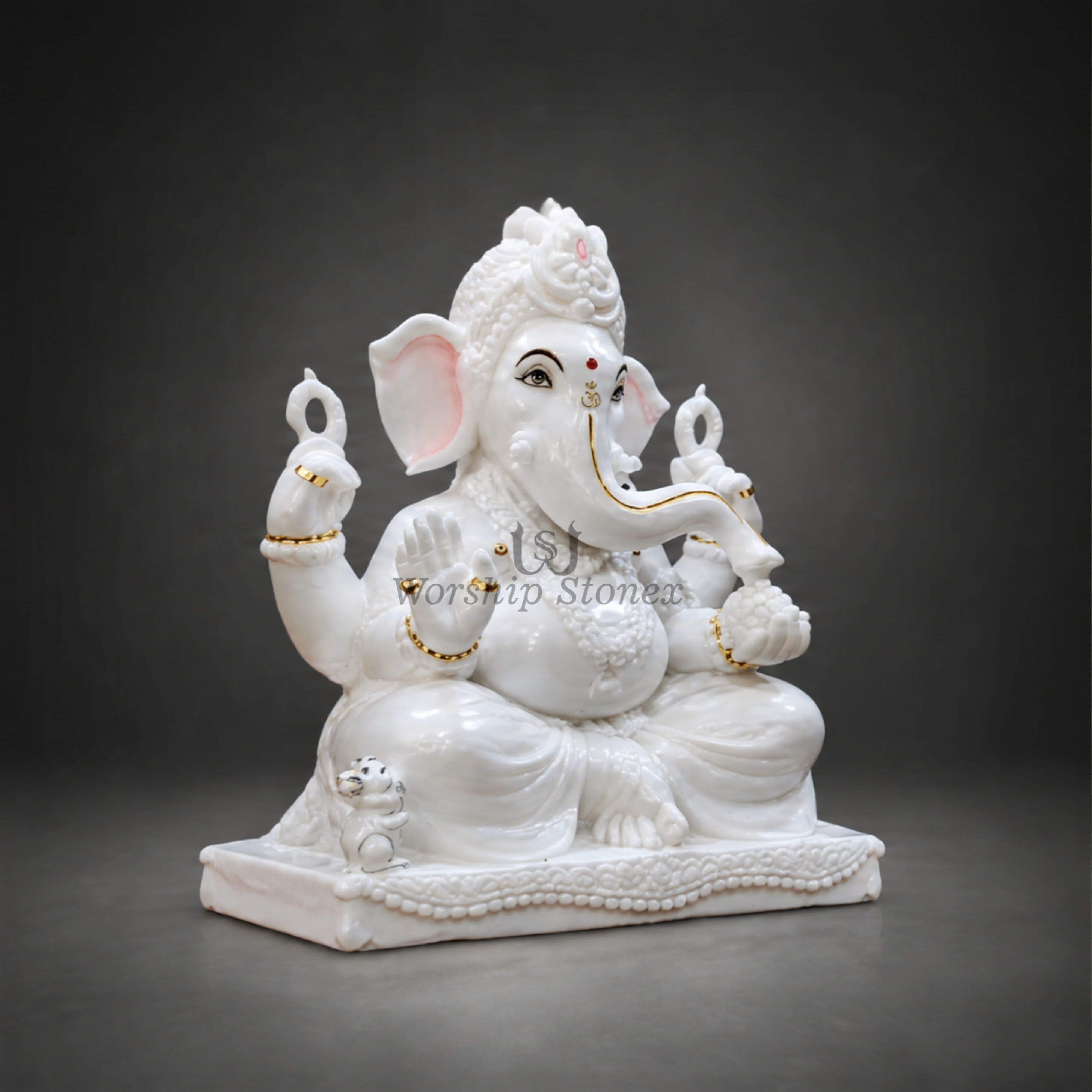 15 inch Vietnam Marble Lord Ganesha Murti – Elegant Seated Ganesh Idol with Intricate Carving