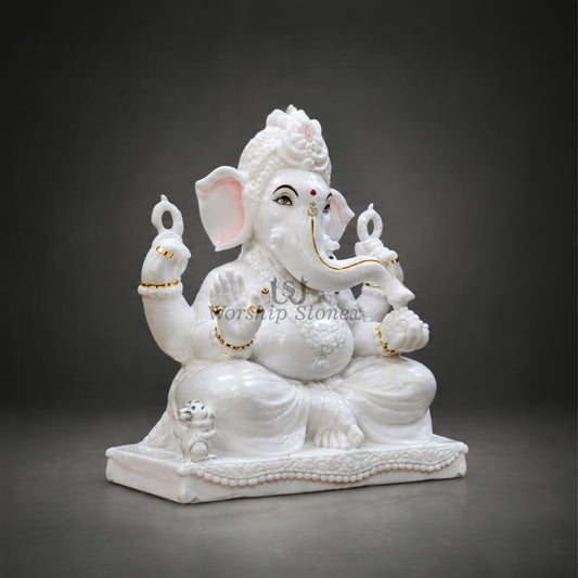 15 inch Vietnam Marble Lord Ganesha Murti – Elegant Seated Ganesh Idol with Intricate Carving
