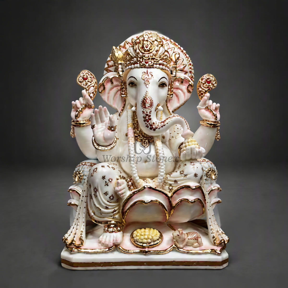 6 inch to 24 inch Handcrafted White Makrana Marble Ganesha Statue with Gold Hand-Painted Detail
