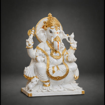 Vietnam White Marble Lord Ganesha Statue – Seated Lotus Vinayaka Idol with Royal Gold Work (Available in Sizes 12 to 36 Inches)