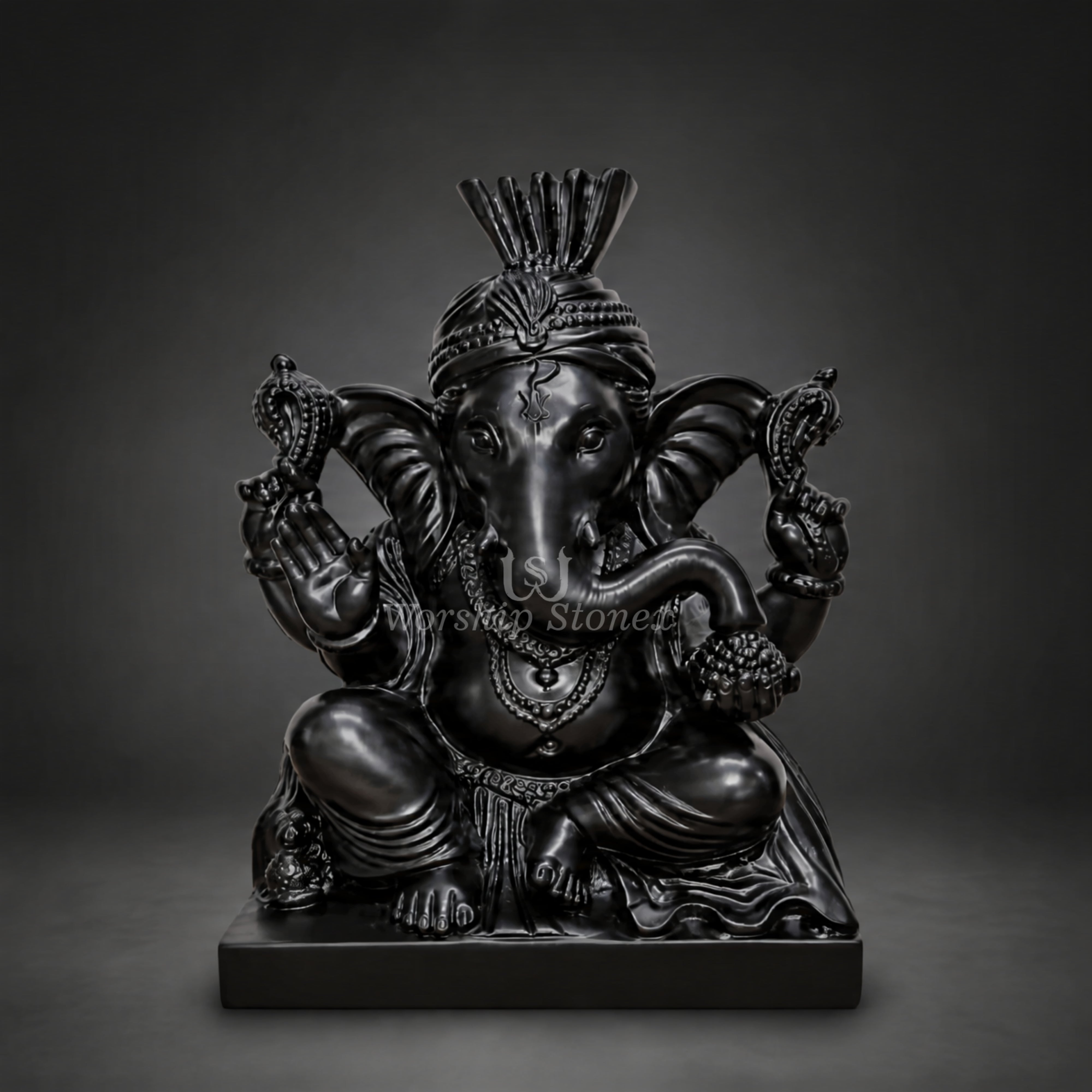 12 inch Premium Black Marble Lord Ganesha Statue with Pagdi