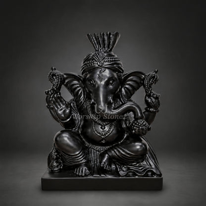 12 inch Premium Black Marble Lord Ganesha Statue with Pagdi