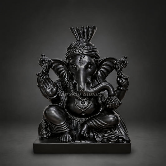12 inch Premium Black Marble Lord Ganesha Statue with Pagdi
