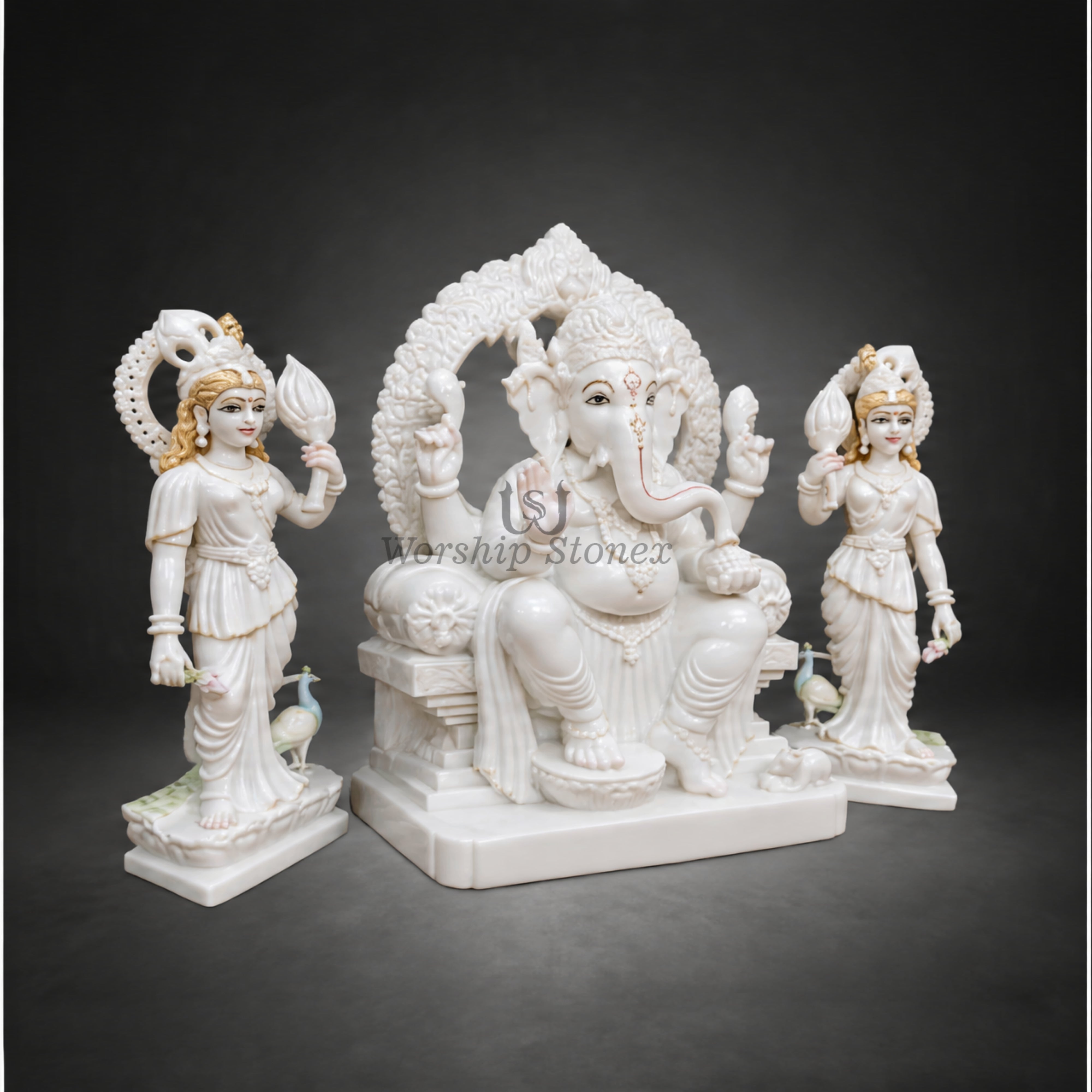 12' to 24' inch Makrana Marble Riddhi Siddhi Ganesha Murti Set