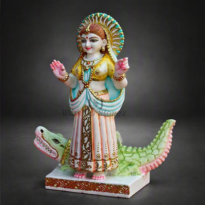 18 inch Vietnam White Marble Khodiyar Mata Statue – Standing Goddess Idol on Green Crocodile Vahana with Gold Work