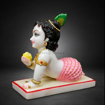 15 Inch Handcrafted White Makrana Marble Laddu Gopal Bal Krishna Murti