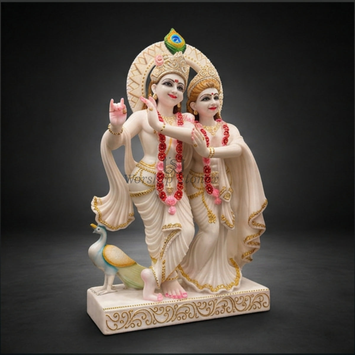 Vietnam White Marble Yugal Jodi Radha Krishna Statue Set – Standing Pair Idol with Gold Detailing and Peacock Crest