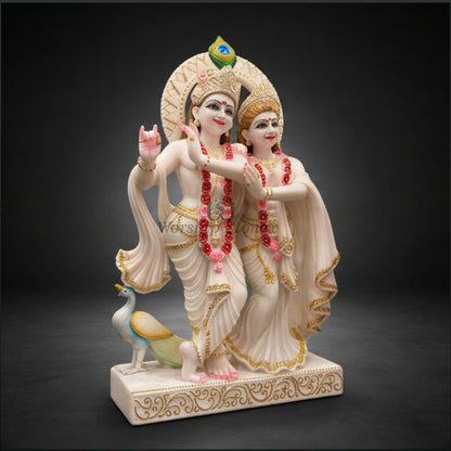 Vietnam White Marble Yugal Jodi Radha Krishna Statue Set – Standing Pair Idol with Gold Detailing and Peacock Crest