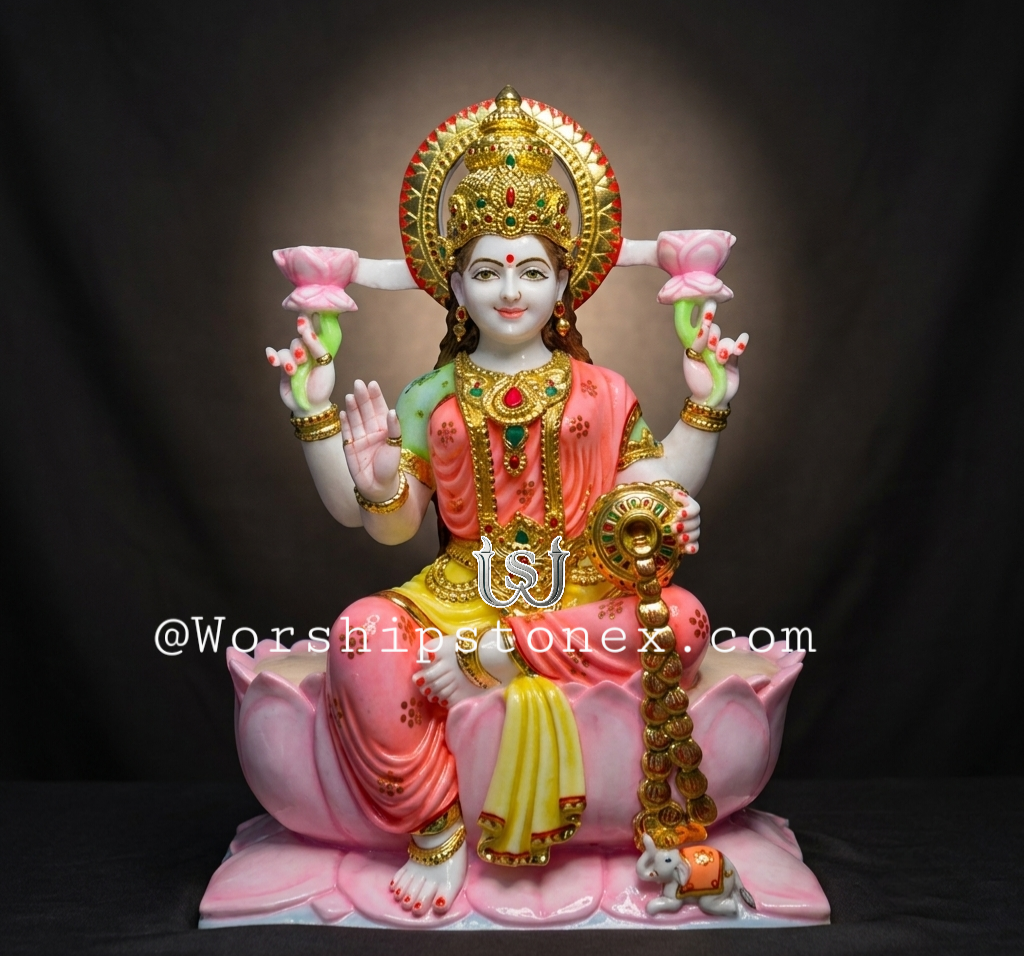 24 Inch Marble Lakshmi Mata Murti – Pink & White Handcrafted Statue