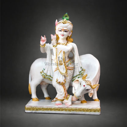 12 inch to 36 inch Makrana White Marble Lord Krishna with Cow Statue – Standing Flute Krishna Idol with Gold Work
