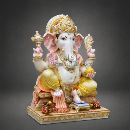 Large Size White Makrana Marble Ganesh Statue | Big Ganpati Murti for Temple & Living Room