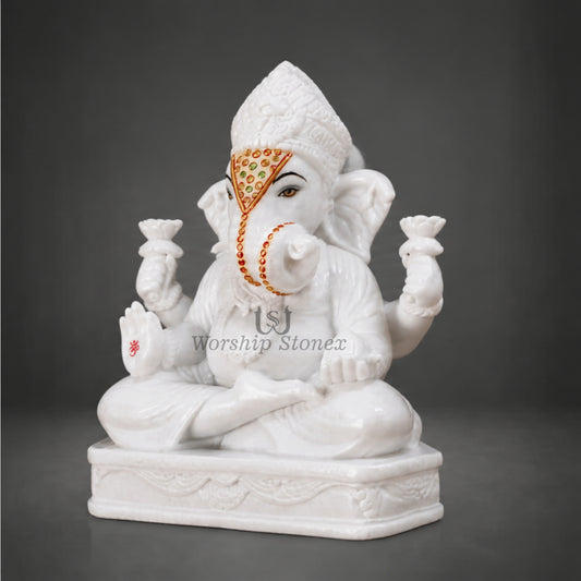 12 inch to 36 inch Vietnam White Marble Lord Ganesha Statue – Seated Vinayaka Idol with Fine Tilak Work