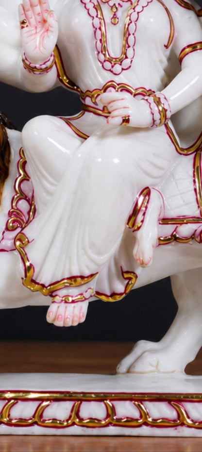 12 inch Makrana Marble Durga Maa Statue with Gold & Red Detail
