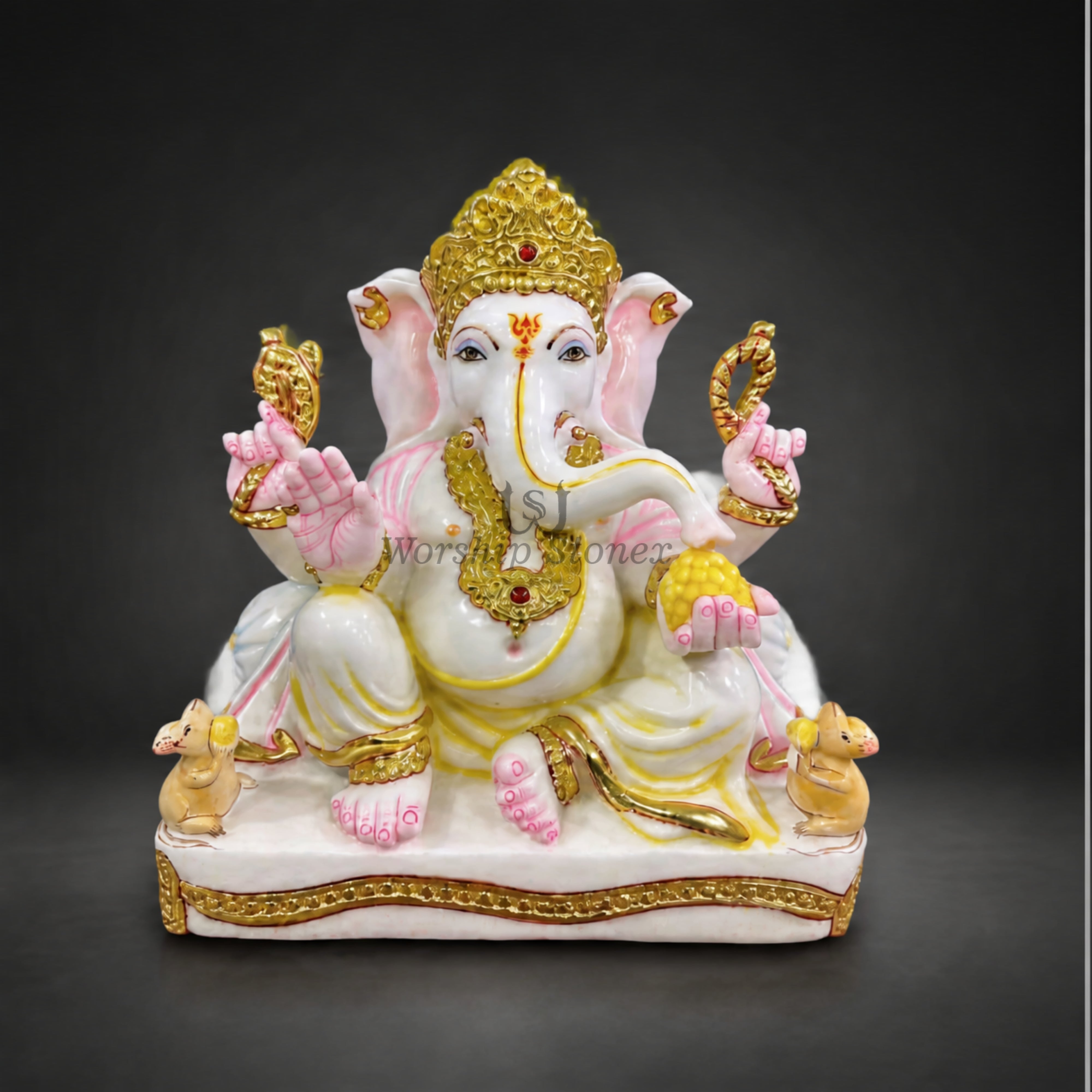 15 Inch White Makrana Marble Ganesha Statue with Rich Gold & Soft Pink Detailing