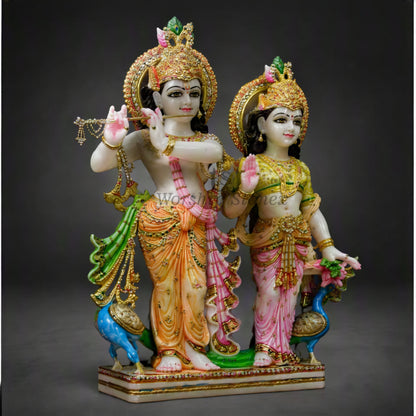 12 inch to 36 inch Pure White Vietnam Marble Radha Krishna Statue – Standing Divine Yugal Jodi Idol with Gold & Multicolor Painting