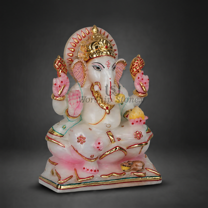6 inch Lord Ganesha Vietnam White Marble Murti (Gold Embossed & Pink Meenakari Finish)