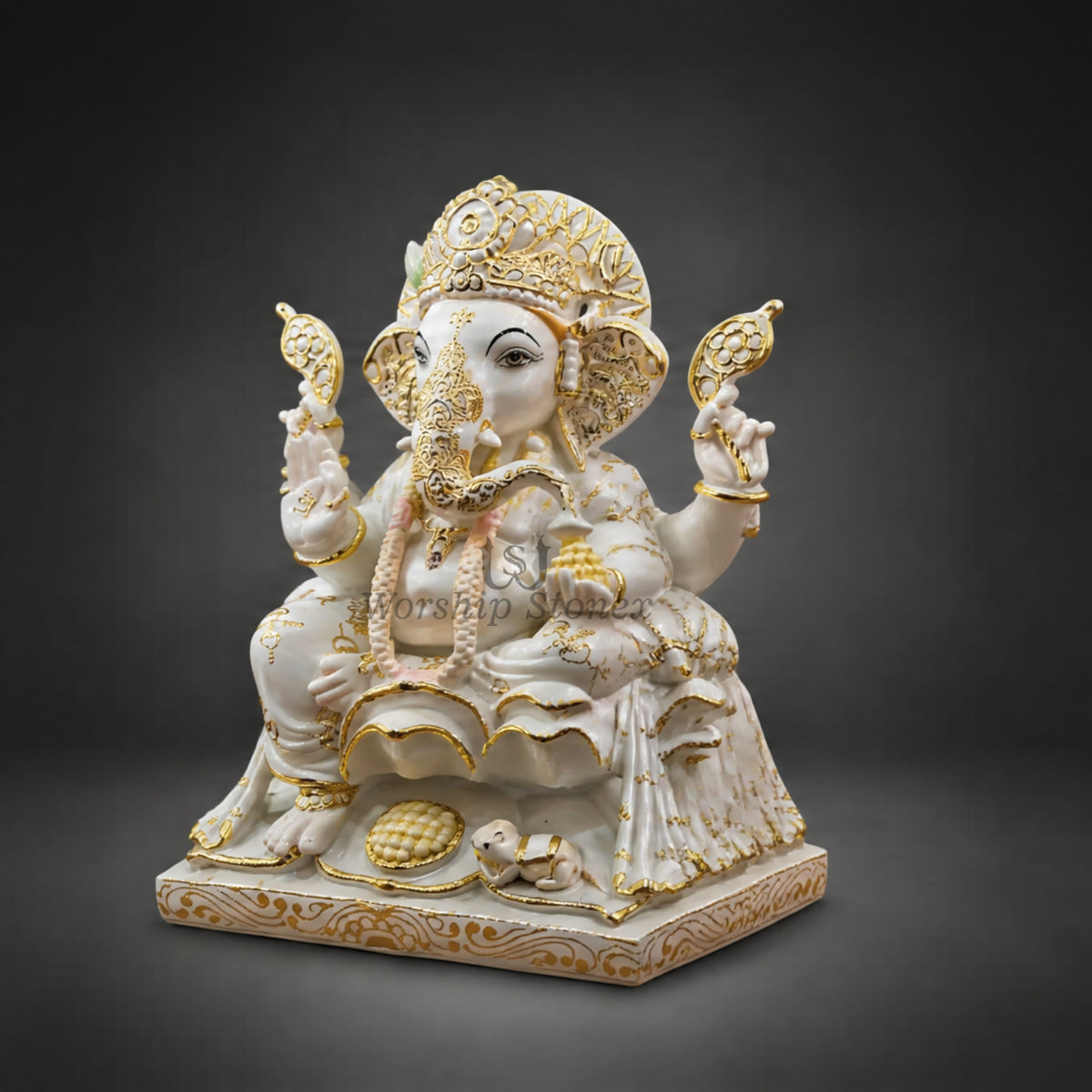 15 inch Makrana Marble Lord Ganesha Murti with Intricate Gold Work and Modak