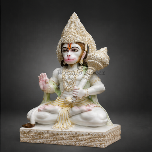 18 inch Divine Seated Lord Hanuman Ji Vietnam White Marble Murti (Gold Embossed Finish)