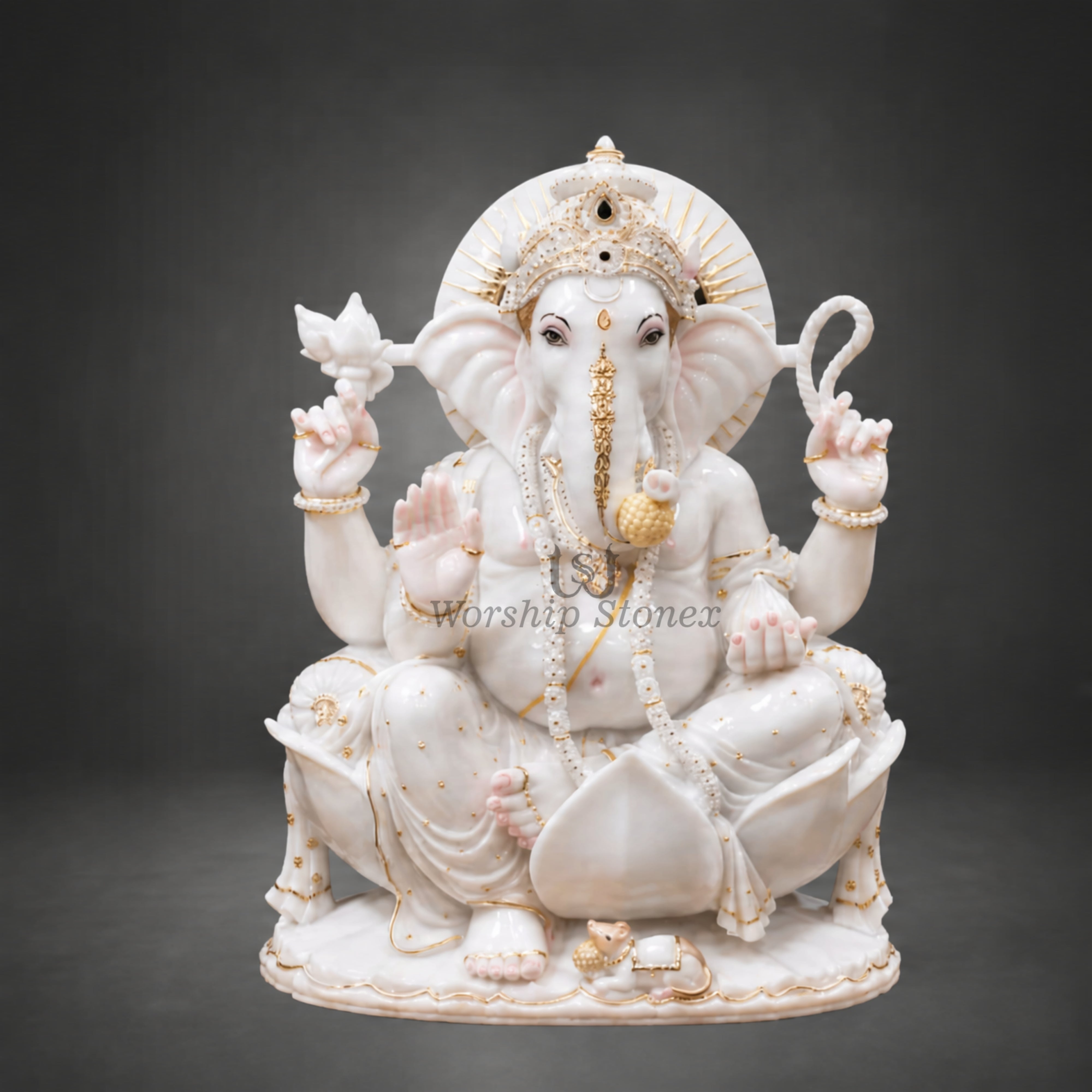 18 Inch White Marble Four-Armed Lord Ganesha Moorti with Golden Work