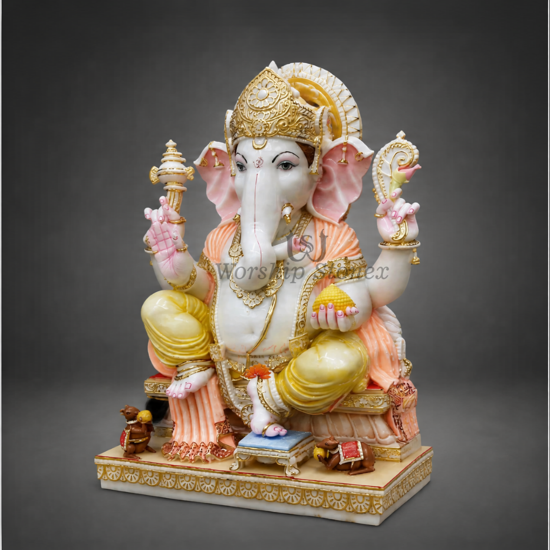 Large Size White Makrana Marble Ganesh Statue | Big Ganpati Murti for Temple & Living Room