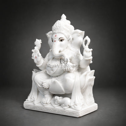 Pure White Marble Ganesha Murti – Elegant Seated Ganesh Idol