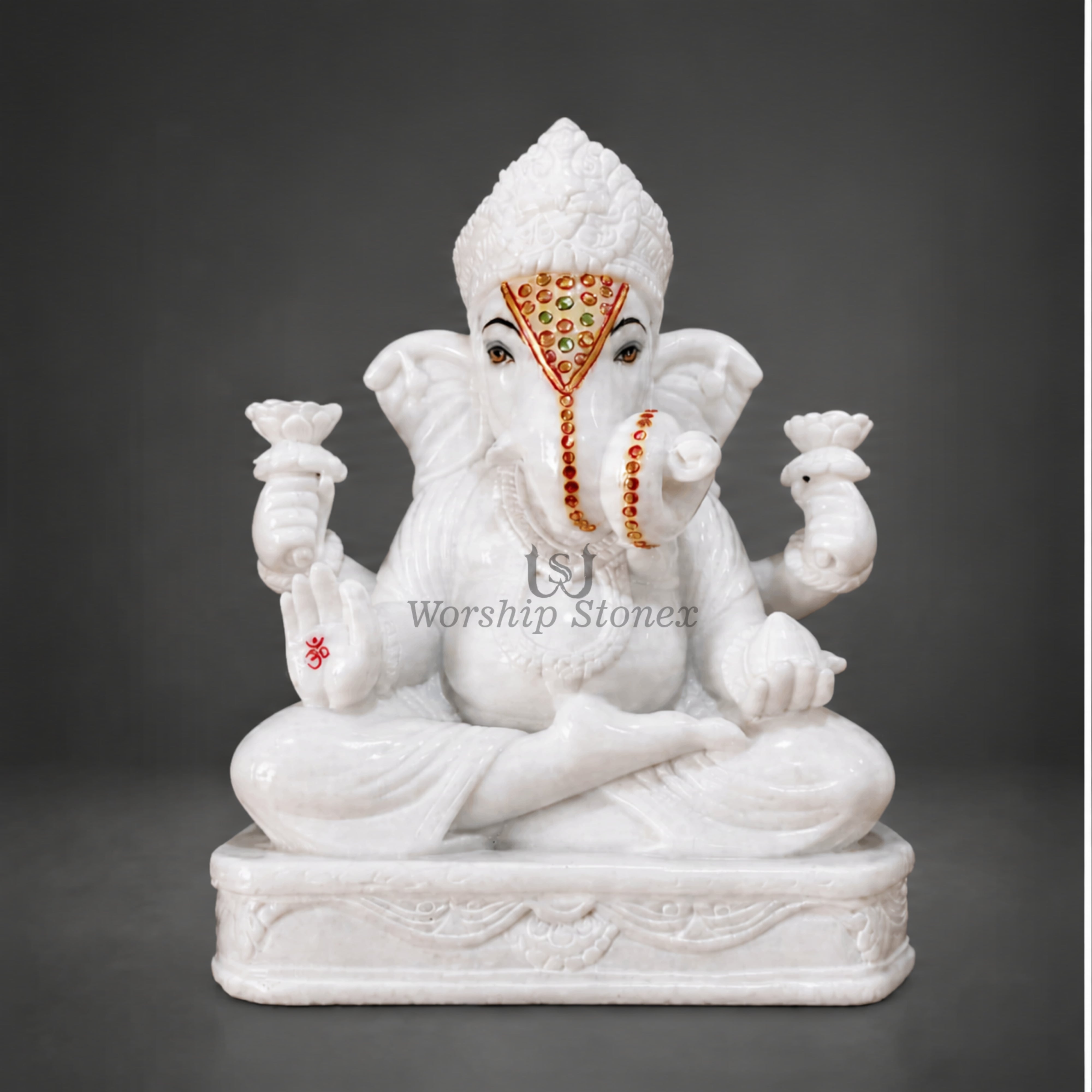 12 inch to 36 inch Vietnam White Marble Lord Ganesha Statue – Seated Vinayaka Idol with Fine Tilak Work