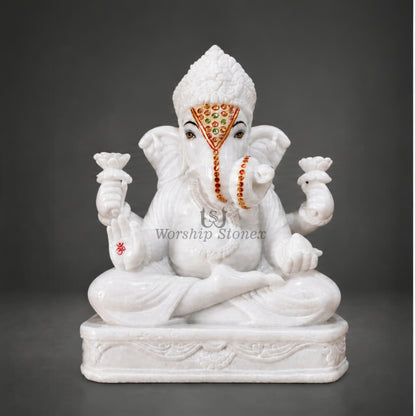 12 inch to 36 inch Vietnam White Marble Lord Ganesha Statue – Seated Vinayaka Idol with Fine Tilak Work