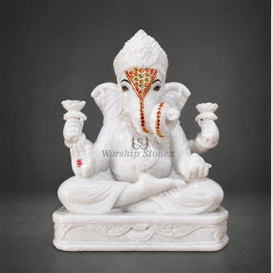 12 inch to 36 inch Vietnam White Marble Lord Ganesha Statue – Seated Vinayaka Idol with Fine Tilak Work