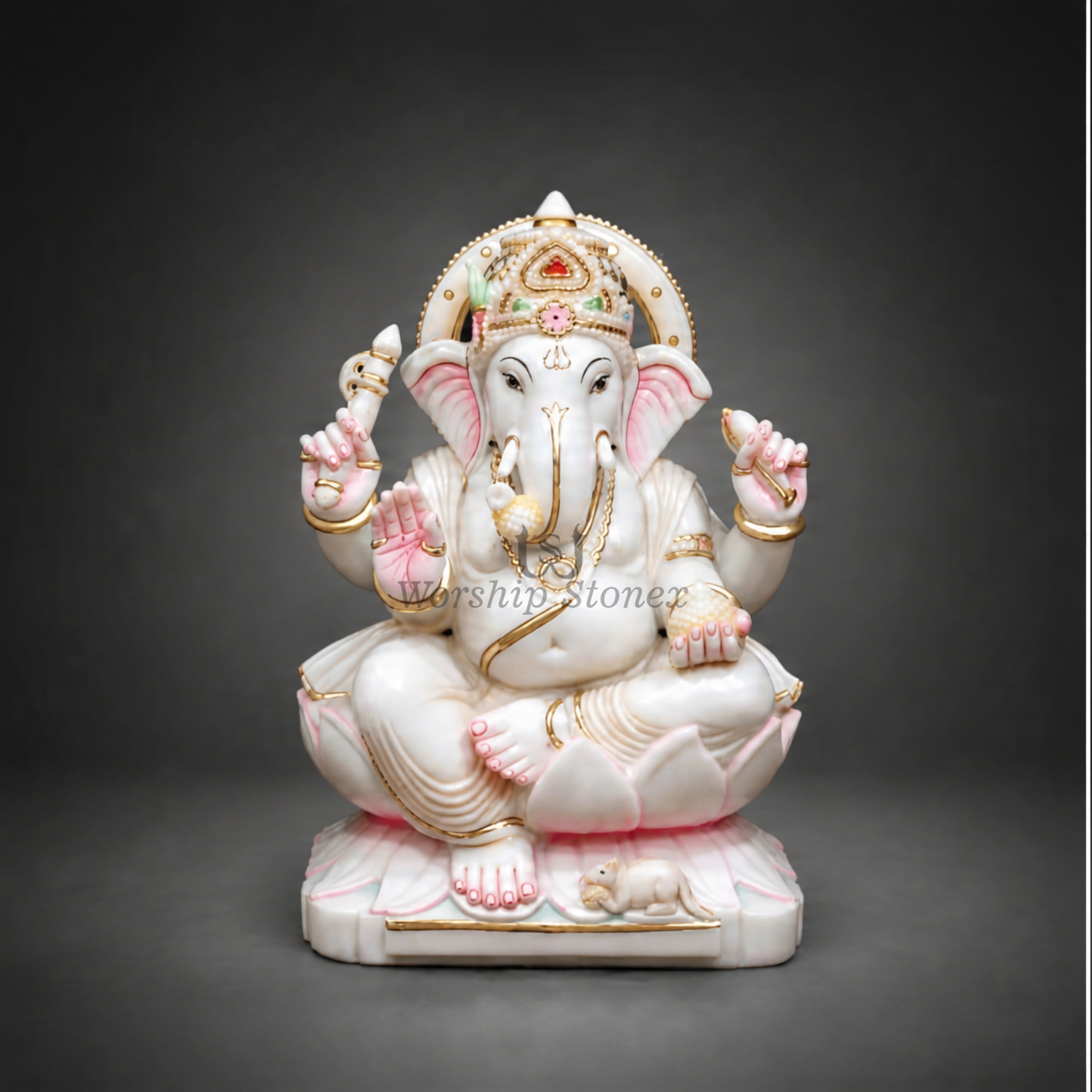 12 Inch Handcrafted White Marble Ganesha Moorti - Pink Lotus Seated Idol