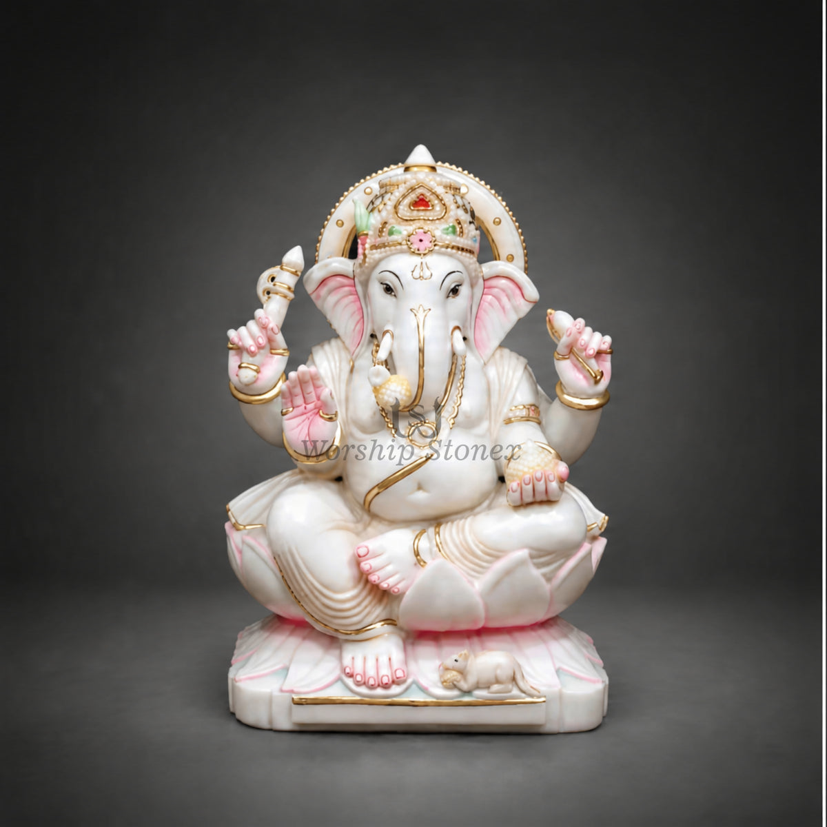 12 Inch Handcrafted White Marble Ganesha Moorti - Pink Lotus Seated Idol