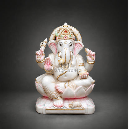 12 Inch Handcrafted White Marble Ganesha Moorti - Pink Lotus Seated Idol