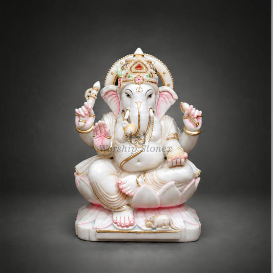 12 Inch Handcrafted White Marble Ganesha Moorti - Pink Lotus Seated Idol