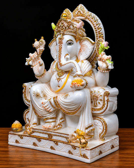 Divine Designer Gold Work White Marble Lord Ganesha Statue