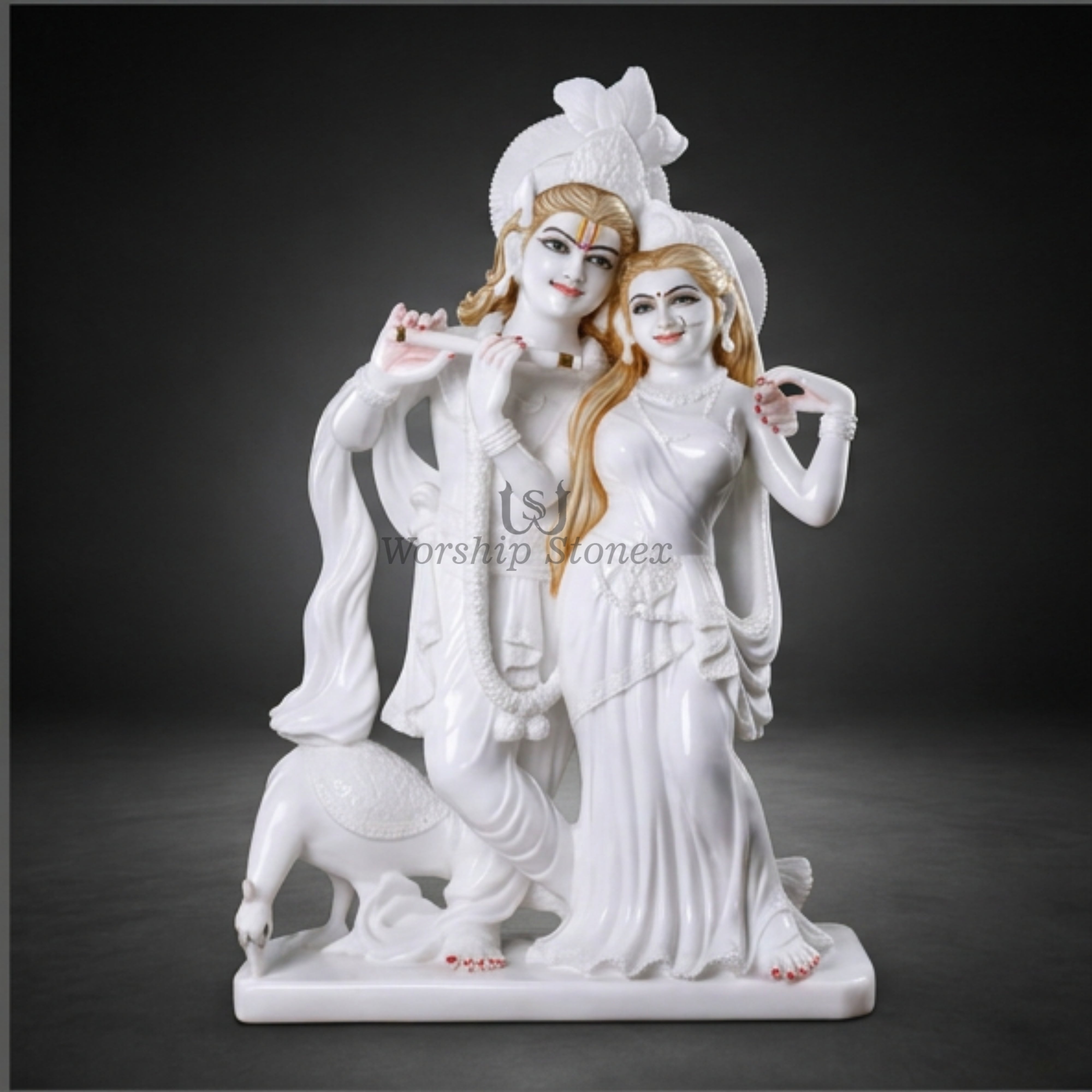 24 Inch White Marble Radha Krishna Moorti - Modern Standing Couple Statue