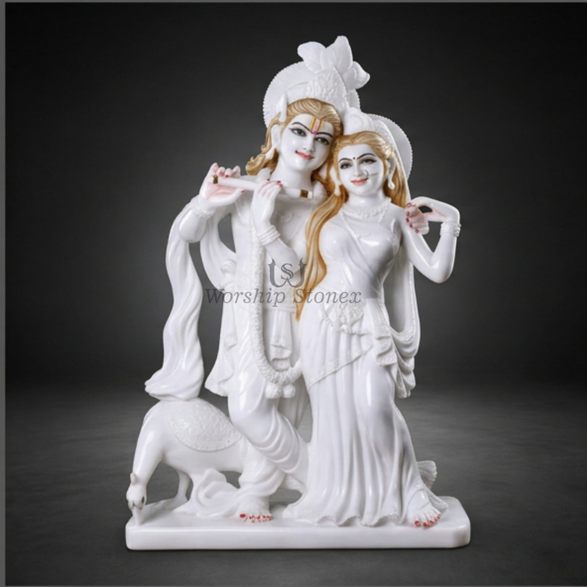 24 Inch White Marble Radha Krishna Moorti - Modern Standing Couple Statue